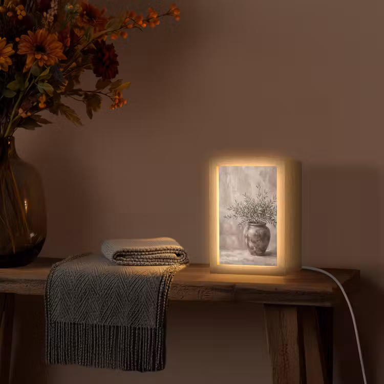 Olijfplant - Aardenpot - Abstract - Beige Light Box met kabel (Tafellamp) klein -sfeer4