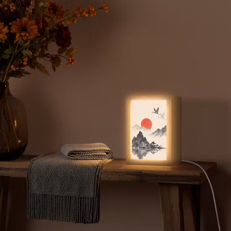 Oosters - Kraanvogels - Landschap Light Box met kabel (Tafellamp) klein -sfeer4