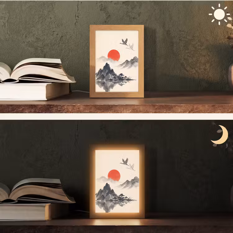 Oosters - Kraanvogels - Landschap Light Box met kabel (Tafellamp) klein -sfeer3