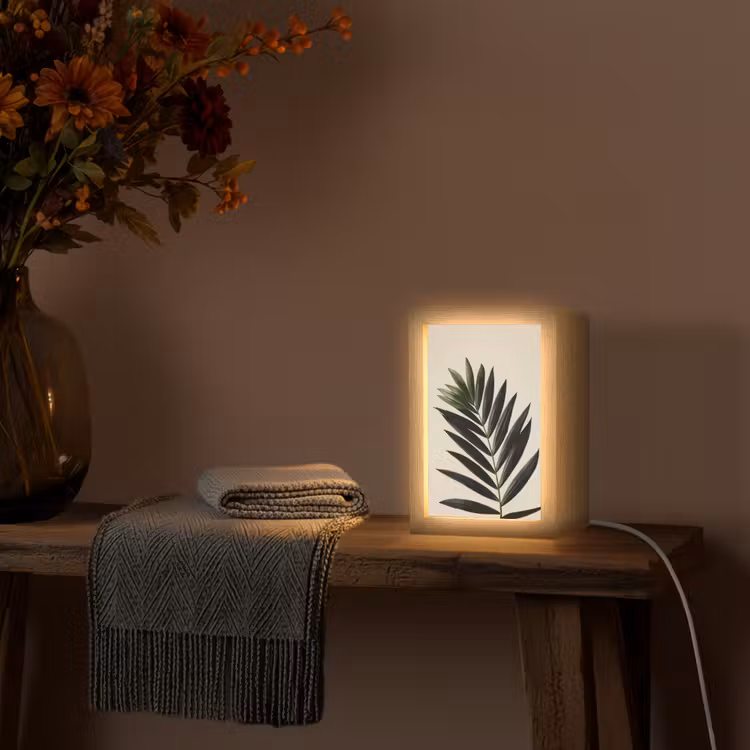 Palmblad - Donkere bladen - Subtiel Light Box met kabel (Tafellamp) klein -sfeer4