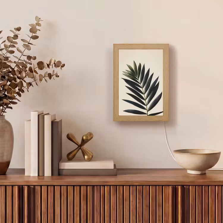 Palmblad - Donkere bladen - Subtiel Light Box met kabel (Tafellamp) klein -sfeer2