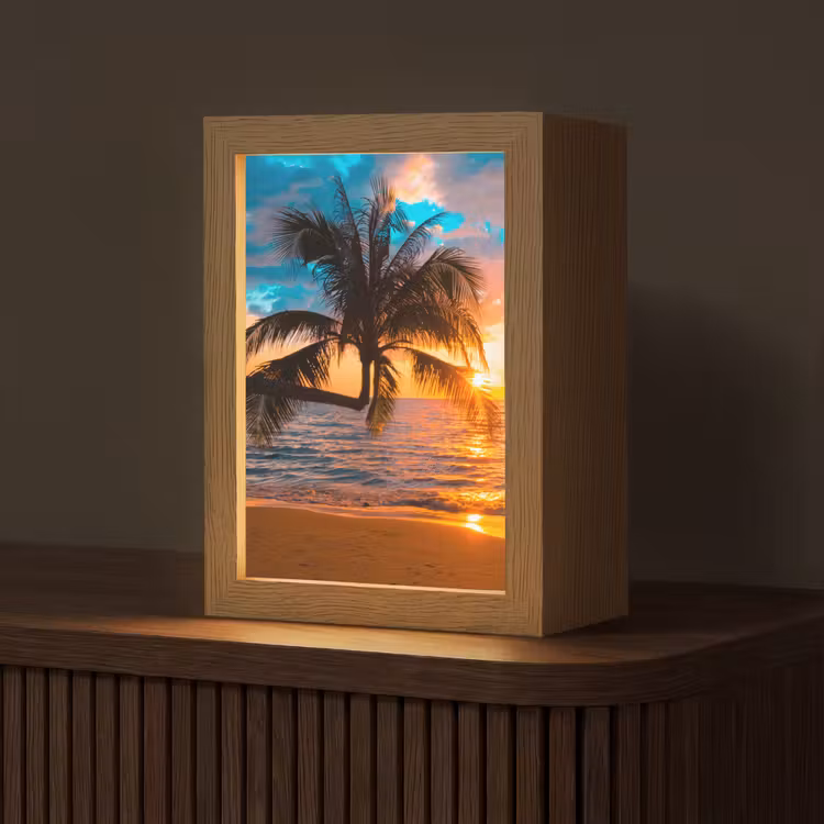 Palm - Zonsondergang - Horizon - Strand - Zee - Tropisch Light Box met kabel (Tafellamp) klein -z3d_website