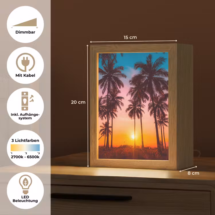 Palmboom - Zonsondergang - Horizon - Strand - Oranje - Roze Light Box met kabel (Tafellamp) klein -USP_DE