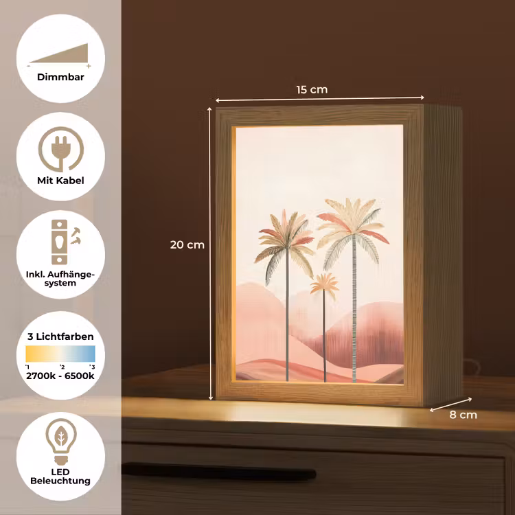 Palmbomen - Heuvels - Minimalistisch - Zachtroze Light Box met kabel (Tafellamp) klein -USP_DE