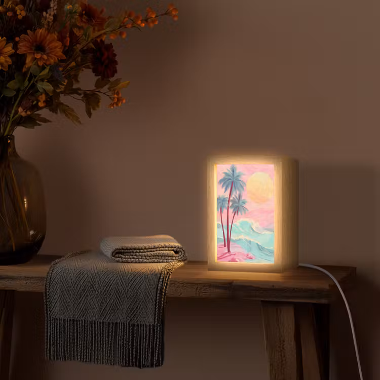 Palmbomen - Golven - Zee Light Box met kabel (Tafellamp) klein -sfeer4