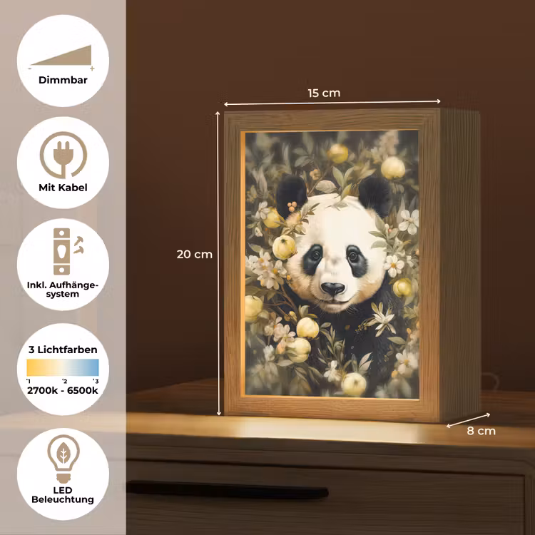 Panda - Pandabeer - Wilde dieren - Natuur - Bloemen Light Box met kabel (Tafellamp) klein -USP_DE