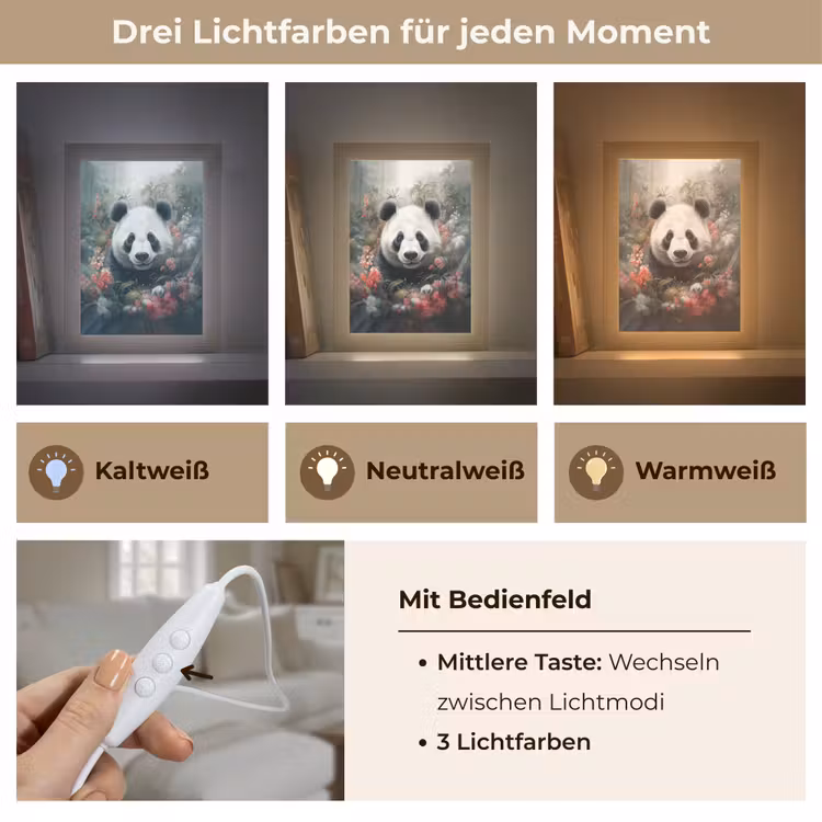 Panda - Wilde dieren - Bloemen - Natuur Light Box met kabel (Tafellamp) klein -USP_lichtkleurDE