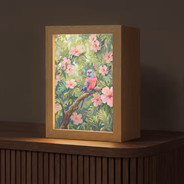 Papagaai - Hibiscusbloemen - Kleurrijk Light Box met kabel (Tafellamp) klein -z3d_website