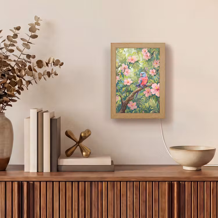 Papagaai - Hibiscusbloemen - Kleurrijk Light Box met kabel (Tafellamp) klein -sfeer2