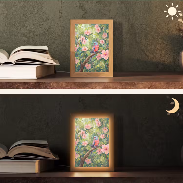 Papagaai - Hibiscusbloemen - Kleurrijk Light Box met kabel (Tafellamp) klein -sfeer3