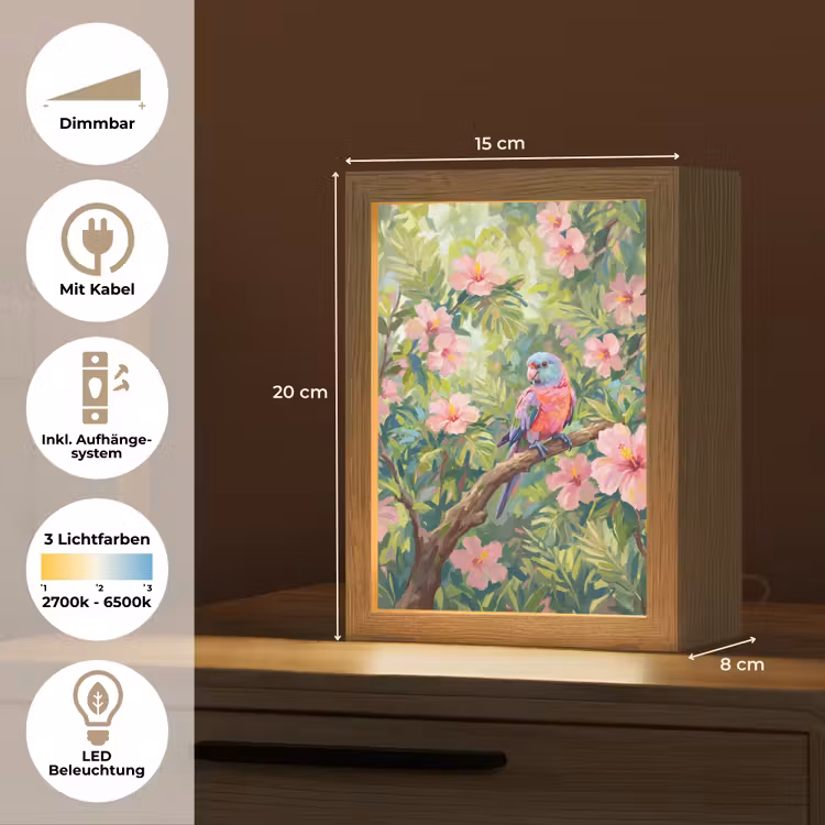 Papagaai - Hibiscusbloemen - Kleurrijk Light Box met kabel (Tafellamp) klein -USP_DE