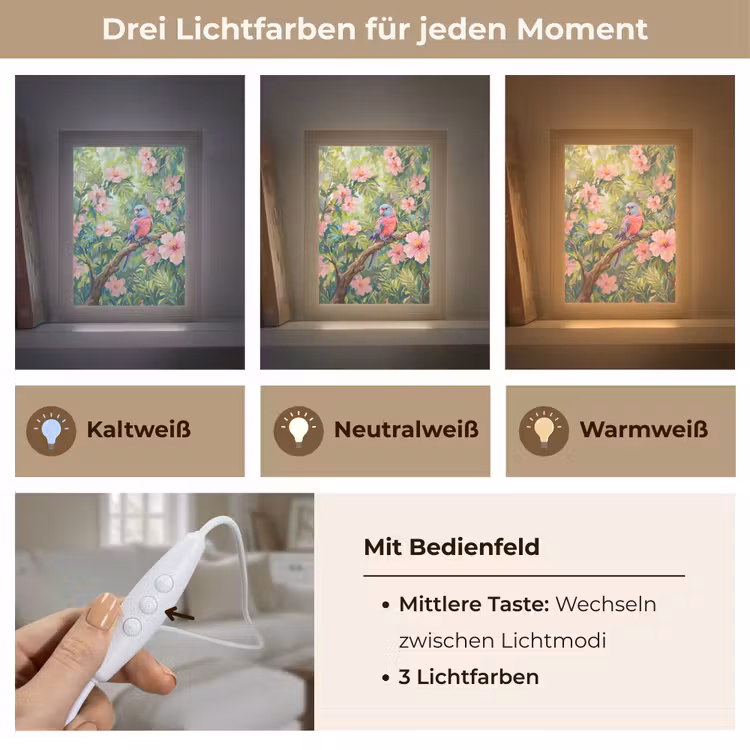 Papagaai - Hibiscusbloemen - Kleurrijk Light Box met kabel (Tafellamp) klein -USP_lichtkleurDE