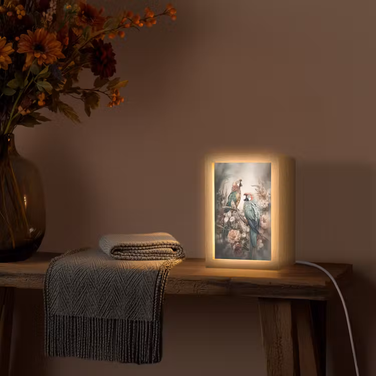 Papegaaien - Vogels - Natuur - Bloemen Light Box met kabel (Tafellamp) klein -sfeer4