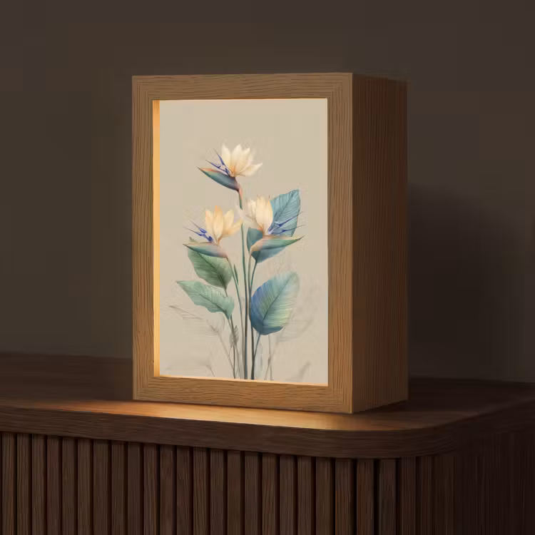 Paradijsvogelbloemen - Blauwgroene bladeren - Beige Light Box met kabel (Tafellamp) klein -z3d_website