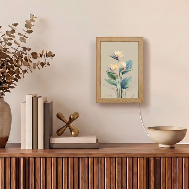 Paradijsvogelbloemen - Blauwgroene bladeren - Beige Light Box met kabel (Tafellamp) klein -sfeer2