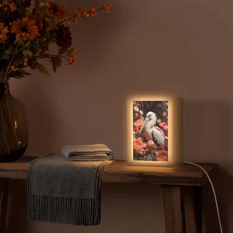 Pelikaan - Dier - Bloemen - Natuur - Botanisch - Roze Light Box met kabel (Tafellamp) klein -sfeer4