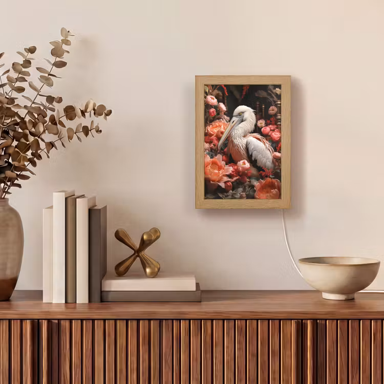 Pelikaan - Dier - Bloemen - Natuur - Botanisch - Roze Light Box met kabel (Tafellamp) klein -sfeer2