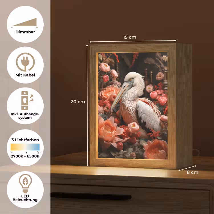 Pelikaan - Dier - Bloemen - Natuur - Botanisch - Roze Light Box met kabel (Tafellamp) klein -USP_DE