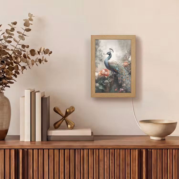 Pauw - Pauwenveren - Vogel - Jungle - Bloemen Light Box met kabel (Tafellamp) klein -sfeer2