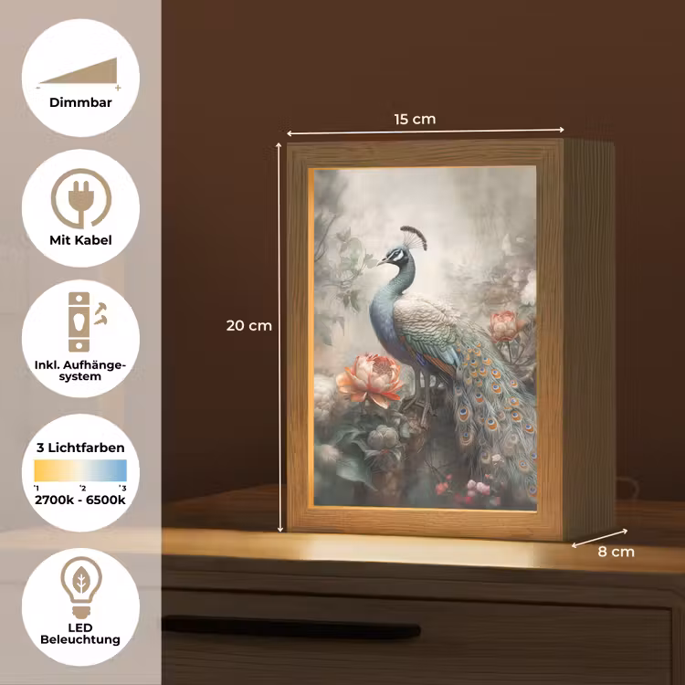 Pauw - Pauwenveren - Vogel - Jungle - Bloemen Light Box met kabel (Tafellamp) klein -USP_DE
