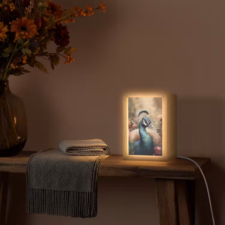 Pauw - Vogel - Bloemen - Planten - Pauwenveren Light Box met kabel (Tafellamp) klein -sfeer4