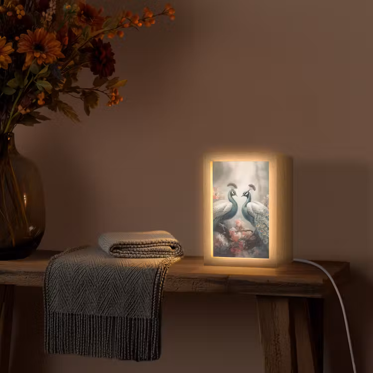Pauwen - Pauwenveren - Vogels - Bloemen - Natuur Light Box met kabel (Tafellamp) klein -sfeer4
