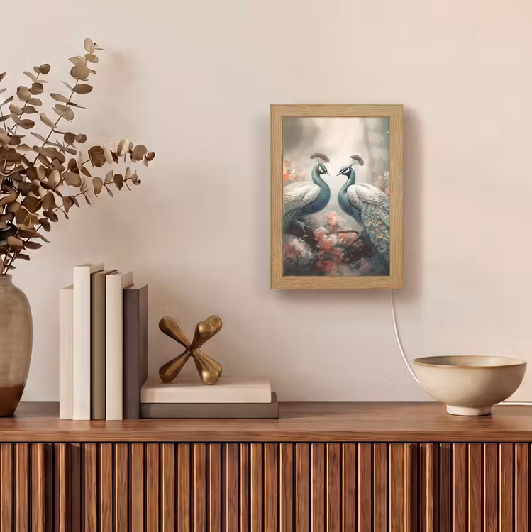 Pauwen - Pauwenveren - Vogels - Bloemen - Natuur Light Box met kabel (Tafellamp) klein -sfeer2