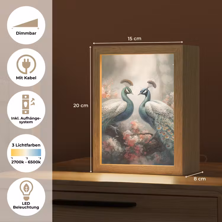 Pauwen - Pauwenveren - Vogels - Bloemen - Natuur Light Box met kabel (Tafellamp) klein -USP_DE
