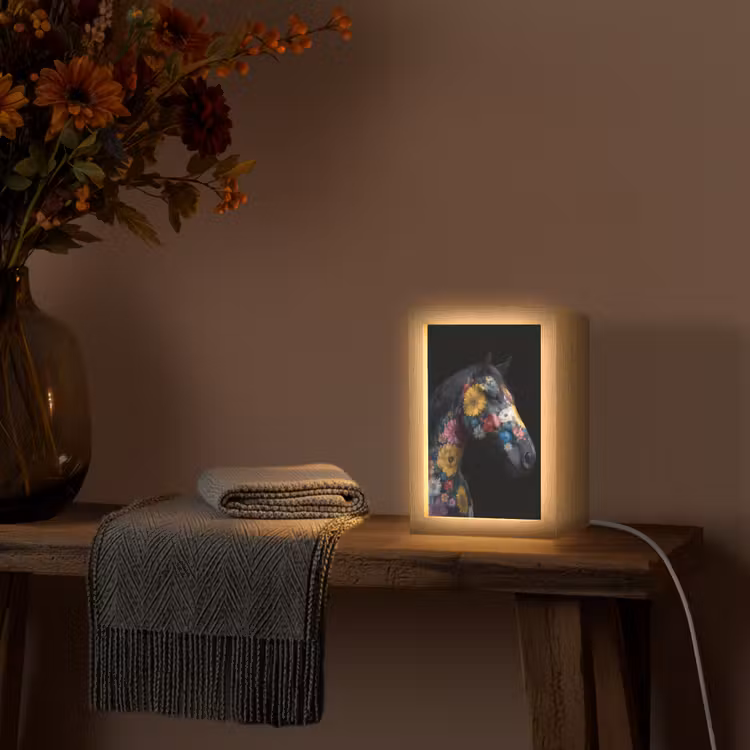 Paard - Bloemen - Zwart Light Box met kabel (Tafellamp) klein -sfeer4