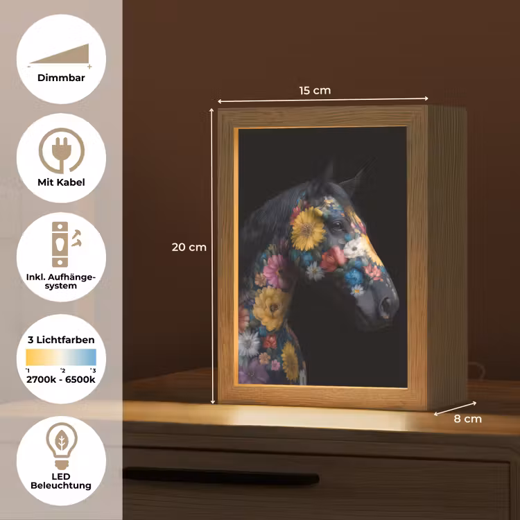 Paard - Bloemen - Zwart Light Box met kabel (Tafellamp) klein -USP_DE
