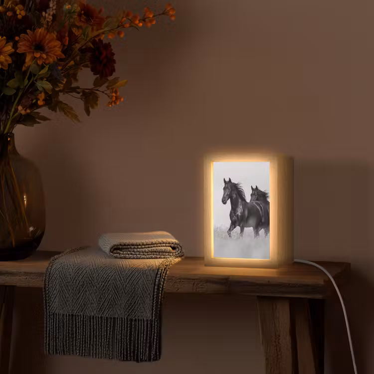 Paarden - Gras - Zwart - Wit Light Box met kabel (Tafellamp) klein -sfeer4