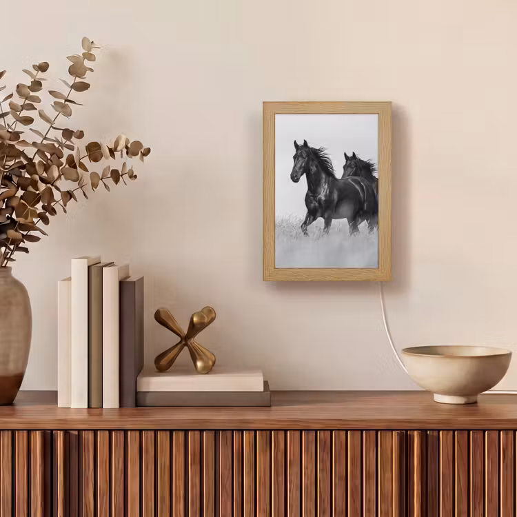 Paarden - Gras - Zwart - Wit Light Box met kabel (Tafellamp) klein -sfeer2