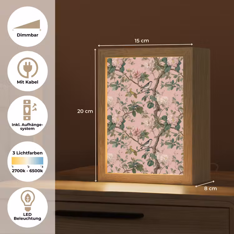 Pioenrozen - Botanisch - Vogel Light Box met kabel (Tafellamp) klein 925 -USP_DE
