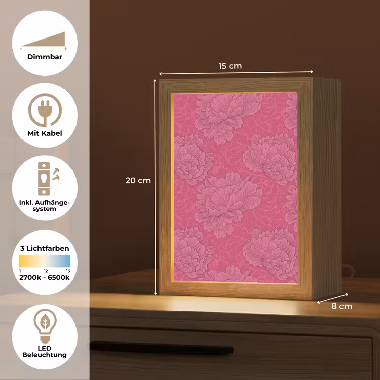 Pioenrozen - Energiek - Roze Light Box met kabel (Tafellamp) klein 925 -USP_DE