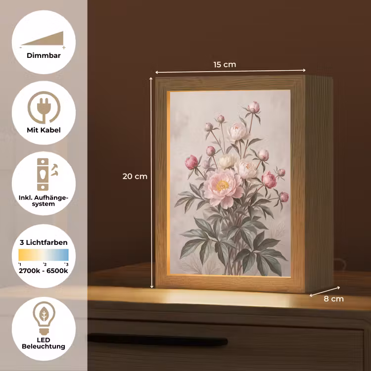 Pioenrozen - Boeket - Roze Light Box met kabel (Tafellamp) klein -USP_DE