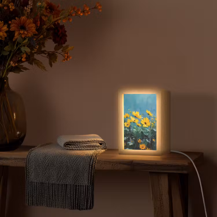 Penseelstreken - Bloemen - Felgeel - Abstract Light Box met kabel (Tafellamp) klein -sfeer4