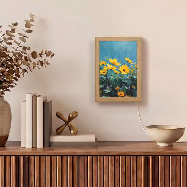 Penseelstreken - Bloemen - Felgeel - Abstract Light Box met kabel (Tafellamp) klein -sfeer2