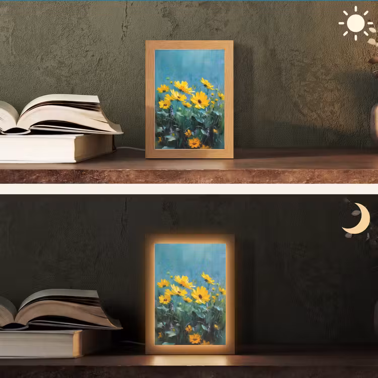 Penseelstreken - Bloemen - Felgeel - Abstract Light Box met kabel (Tafellamp) klein -sfeer3