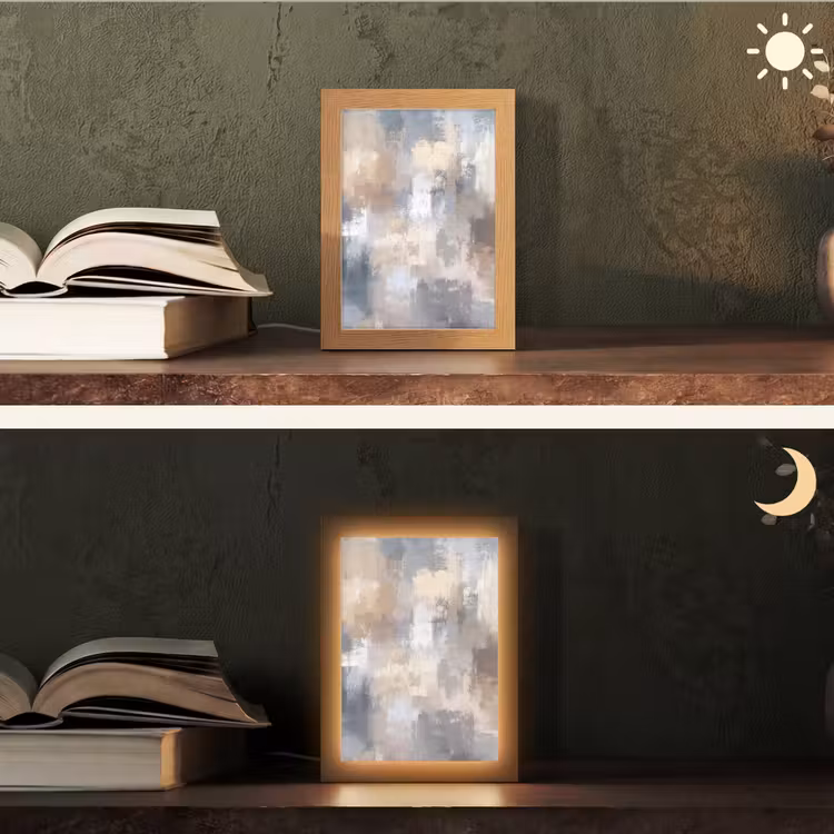 Penseelstreken - Schilderij - Beige Light Box met kabel (Tafellamp) klein -sfeer3