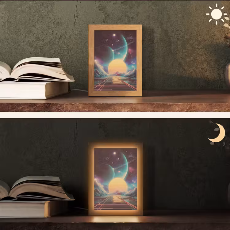 Planeten - Neon - Berglandschap - Zon Light Box met kabel (Tafellamp) klein -sfeer3