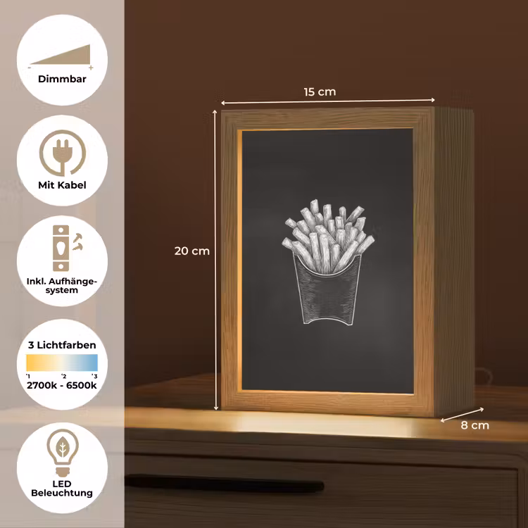 Friet - Witte krijttekening - Zwart Light Box met kabel (Tafellamp) klein -USP_DE