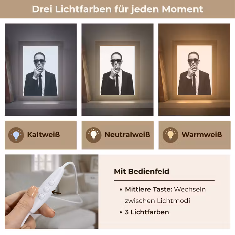 Portret - Pak - Roken - Zwart - Wit - Stoer Light Box met kabel (Tafellamp) klein -USP_lichtkleurDE