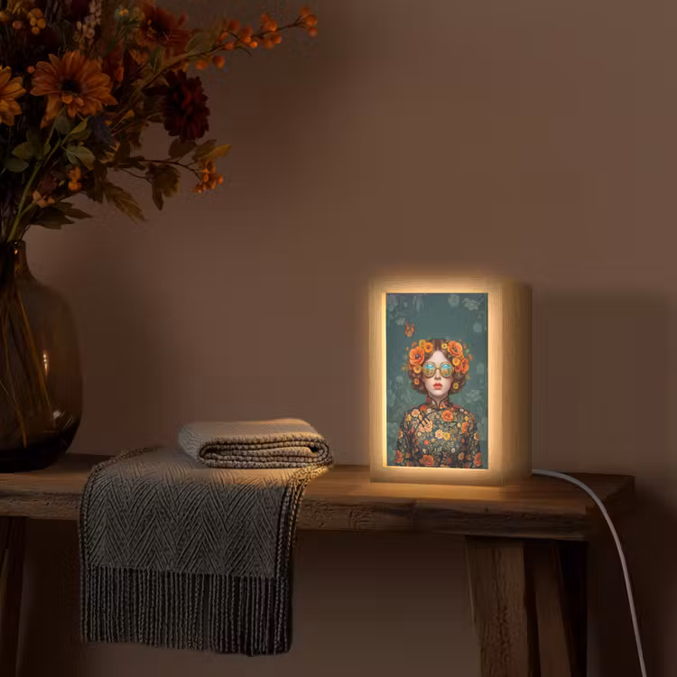 Portret - Vrouw - Kleurrijk - Expressief Light Box met kabel (Tafellamp) klein -sfeer4