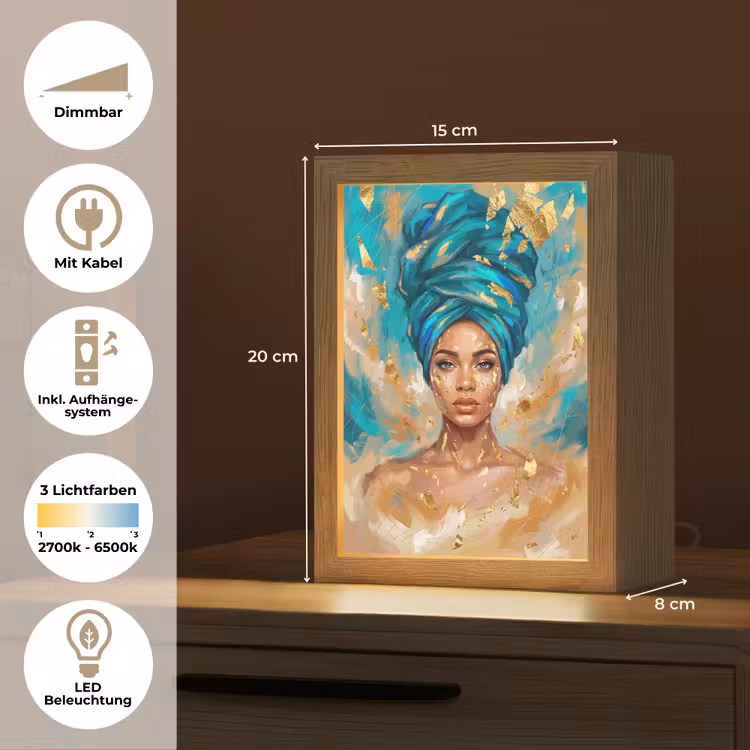 Portret - Vrouw - Schilderij - Blauw - Goud - Expressief Light Box met kabel (Tafellamp) klein -USP_DE