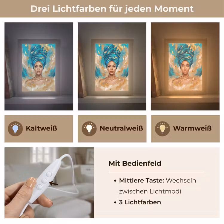 Portret - Vrouw - Schilderij - Blauw - Goud - Expressief Light Box met kabel (Tafellamp) klein -USP_lichtkleurDE