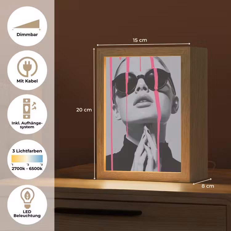 Portret - Vrouw - Zonnebril - Verfdruppels Light Box met kabel (Tafellamp) klein -USP_DE
