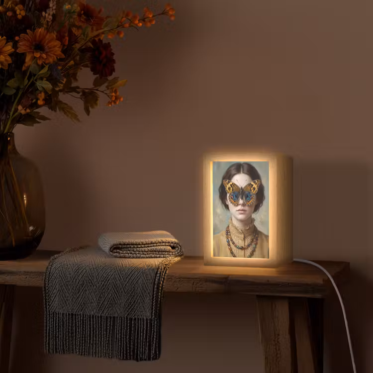 Portret - Vlinder - Kleurrijk Light Box met kabel (Tafellamp) klein -sfeer4