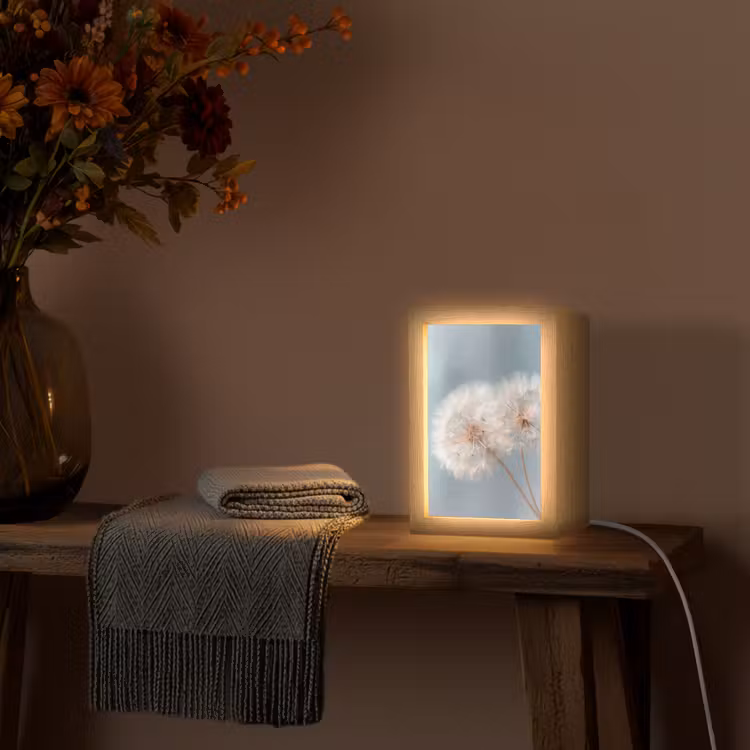 Paardenbloemen - Pluisjes - Wit Light Box met kabel (Tafellamp) klein -sfeer4