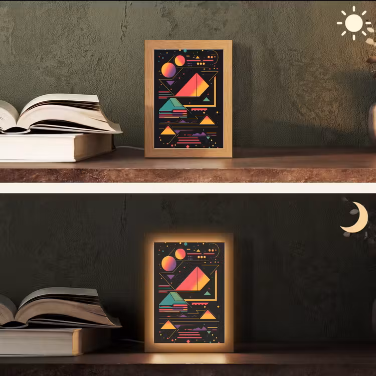 Piramides - Cirkels - Neonkleuren - Geometrisch Light Box met kabel (Tafellamp) klein -sfeer3