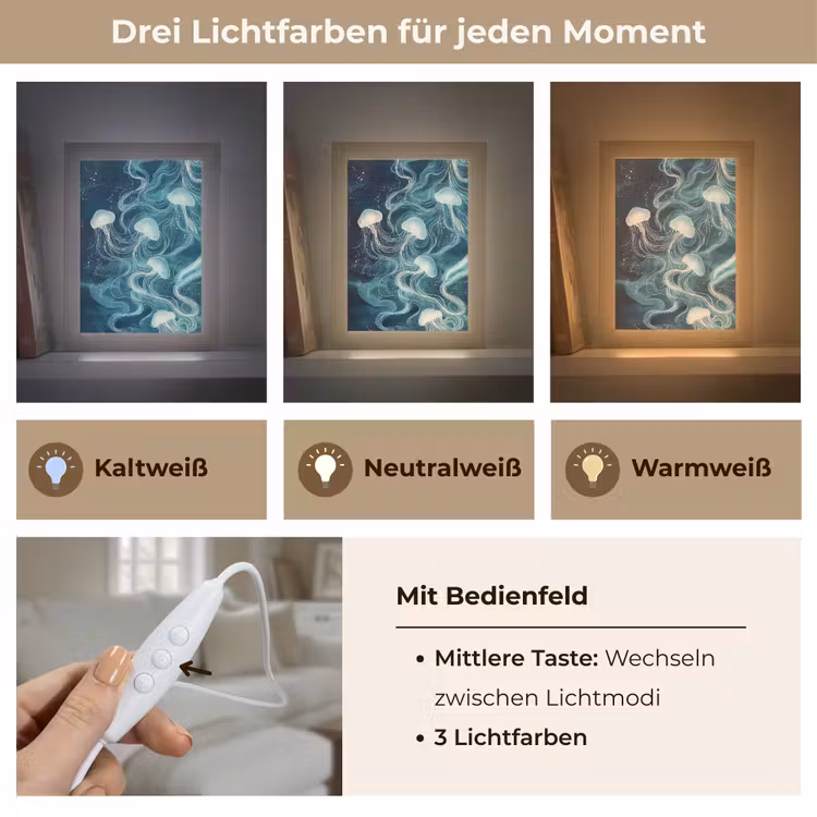 Kwallen - Zee - Wit - Golven Light Box met kabel (Tafellamp) klein -USP_lichtkleurDE